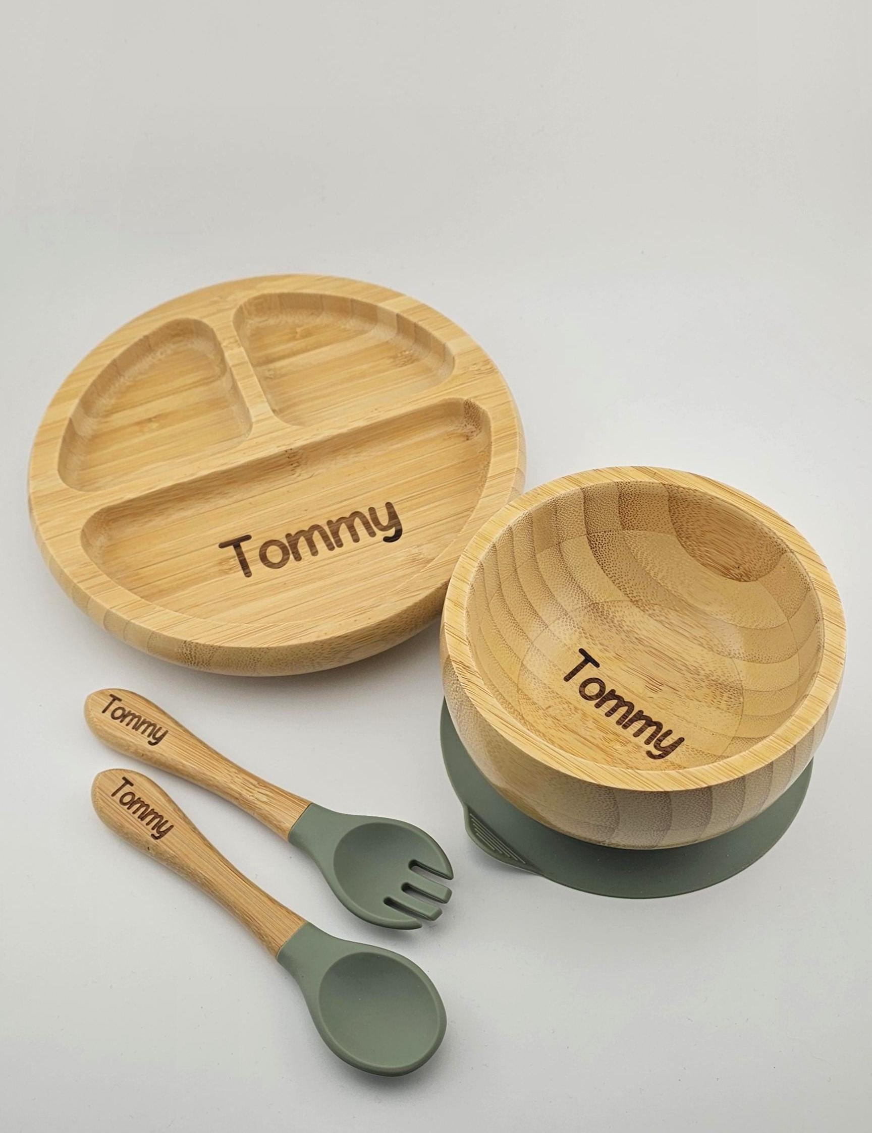 Personalised Baby Dining Set – Bamboo Weaning Plate, Fork and Spoon Set. Weaning Set, First Birthday Baby Shower Gift for Newborns