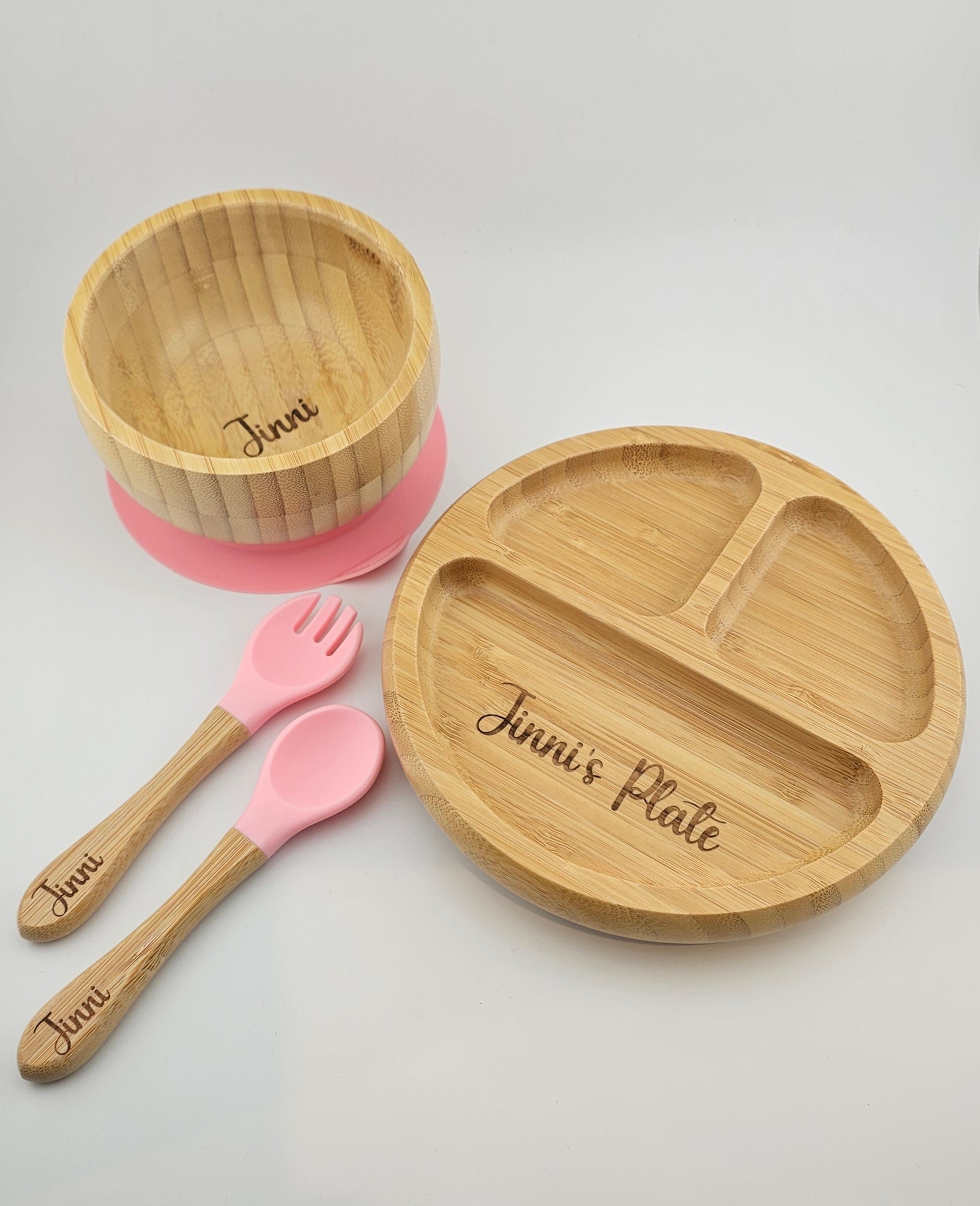 Personalised Baby Dining Set – Bamboo Weaning Plate, Fork and Spoon Set. Weaning Set, First Birthday Baby Shower Gift for Newborns